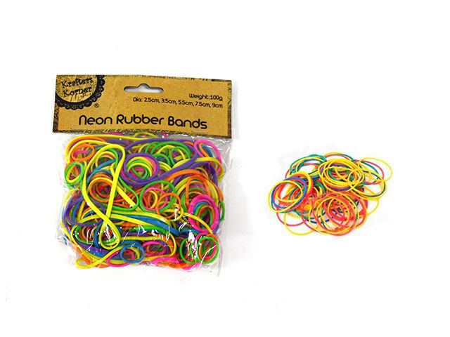 Rubber Bands 3mm Neon Colours 2.5 to 9cm Pk 100gm